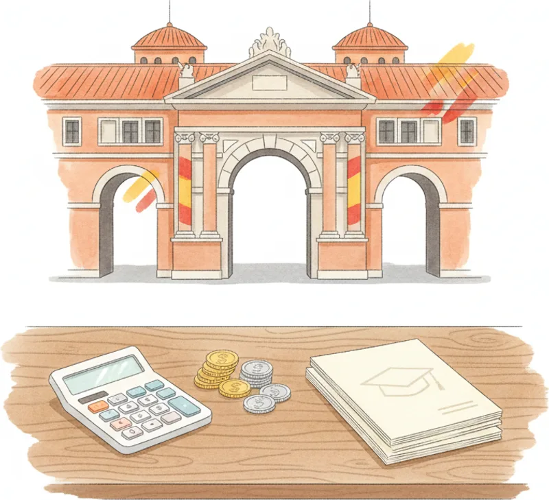 Calculator, euro bills, and exam materials on a desk — DELE A2 cost breakdown Calculator, euro bills, and exam materials on a desk — DELE A2 cost breakdown