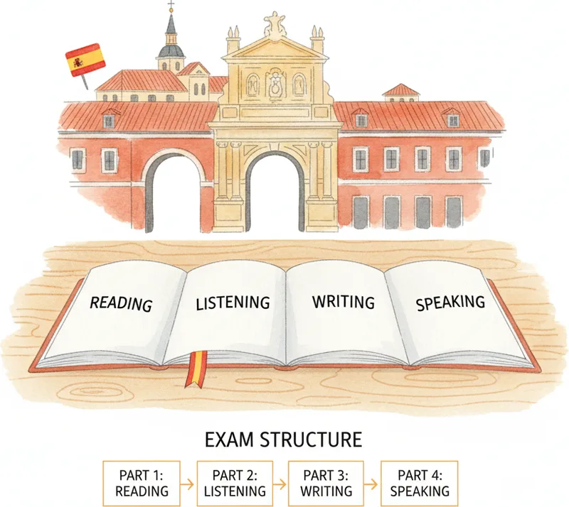 Four-panel illustration of reading, writing, listening, and speaking — DELE A2 exam structure overview Four-panel illustration of reading, writing, listening, and speaking — DELE A2 exam structure overview
