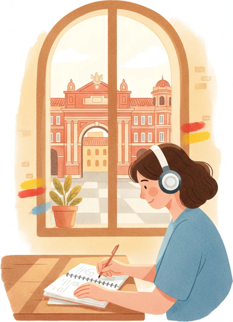 Person wearing headphones studying Spanish with a notebook — DELE A2 listening practice Person wearing headphones studying Spanish with a notebook — DELE A2 listening practice