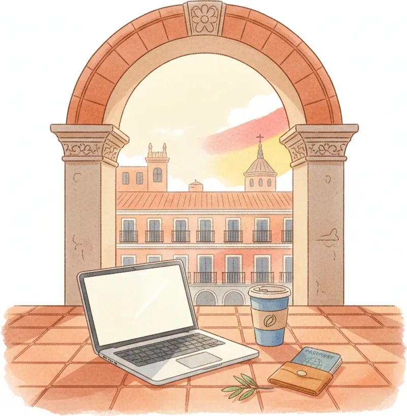 Adult professional working remotely near a Spanish plaza — Digital Nomad Visa path to citizenship
