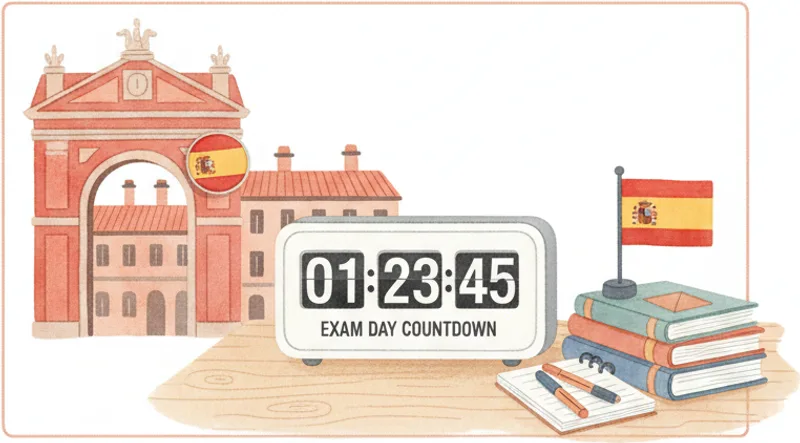 Sunlit wooden desk with open notebooks, vintage timer, books, and a small olive tree by the window — DELE A2 exam countdown study scene Sunlit wooden desk with open notebooks, vintage timer, books, and a small olive tree by the window — DELE A2 exam countdown study scene